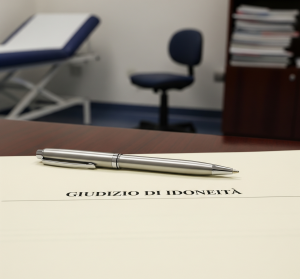contestare il giudizio del Medico del Lavoro: Primo piano di un documento ufficiale con l'intestazione "Giudizio di Idoneità" posato su una scrivania. Una penna è appoggiata sopra, a simboleggiare una decisione imminente. Lo sfondo è sfocato e mostra l'ambiente di un ufficio medico. Fotografia realistica, profondità di campo ridotta.