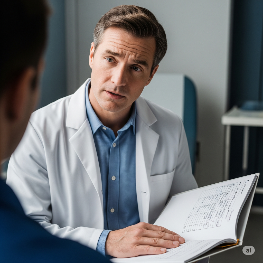 contestare il giudizio del Medico del Lavoro: Un lavoratore è seduto di fronte a un medico competente, che gli sta parlando con un'espressione seria. L'inquadratura è dal punto di vista del lavoratore, focalizzata sul volto del medico e sulla sua cartella clinica. Si percepisce la tensione nel colloquio sulla sorveglianza sanitaria. Fotografia documentaristica.