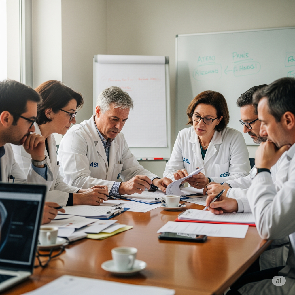 contestare il giudizio del Medico del Lavoro: Un'immagine dinamica di un collegio medico dell'ASL seduto attorno a un tavolo. I medici in camice, con espressioni serie, esaminano una cartella clinica e discutono il caso di un lavoratore