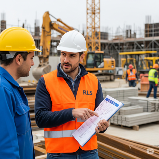 Rappresentante dei Lavoratori per la Sicurezza RLS: Un RLS (Rappresentante dei Lavoratori per la Sicurezza) in un cantiere edile, con casco e giubbotto ad alta visibilità, che parla con un operaio mostrando un documento sulla sicurezza
