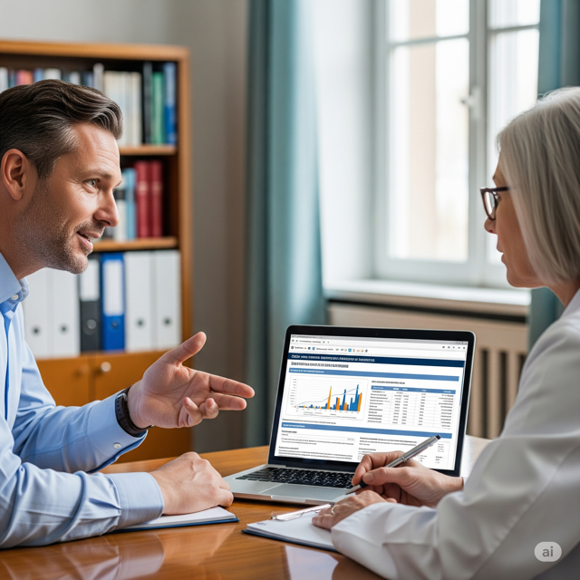 Rappresentante dei Lavoratori per la Sicurezza RLS: Primo piano di un RLS che parla con un medico competente in un ufficio, con un laptop aperto che mostra un report di sorveglianza sanitaria .