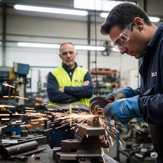 Rappresentante dei Lavoratori per la Sicurezza RLS: Un operaio che indossa guanti e occhiali di protezione mentre lavora, con un RLS sullo sfondo che osserva attentamente l'operazione in un'officina meccanica .