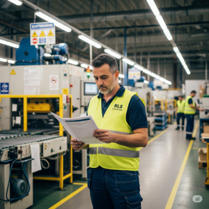 Rappresentante dei Lavoratori per la Sicurezza RLS: Un RLS che, con un volto serio e professionale, esamina un documento sulla valutazione dei rischi mentre si trova in un'area di produzione .