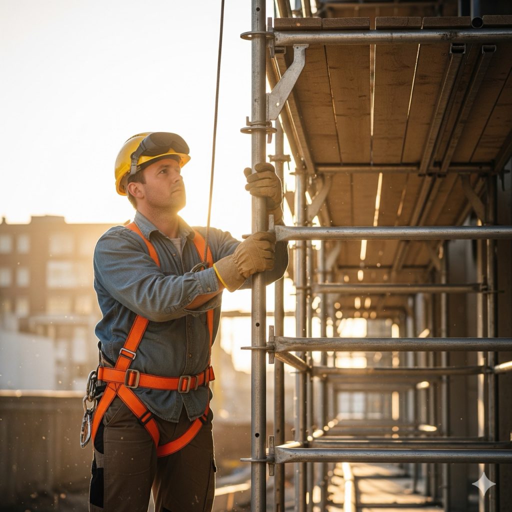 Rischio Lavori in quota: Un operaio con imbracatura di sicurezza e casco di protezione che si prepara a salire su un ponteggio. La luce del mattino illumina la scena, mettendo in risalto la struttura metallica. Dettagli realistici sull'equipaggiamento e sull'abbigliamento da lavoro.