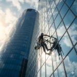 Rischio Lavori in quota: Vista dal basso di un lavoratore sospeso in aria, con un'imbracatura di sicurezza completa, mentre pulisce le finestre di un grattacielo moderno. La foto è scattata in una giornata di sole, con il riflesso delle nuvole sul vetro.