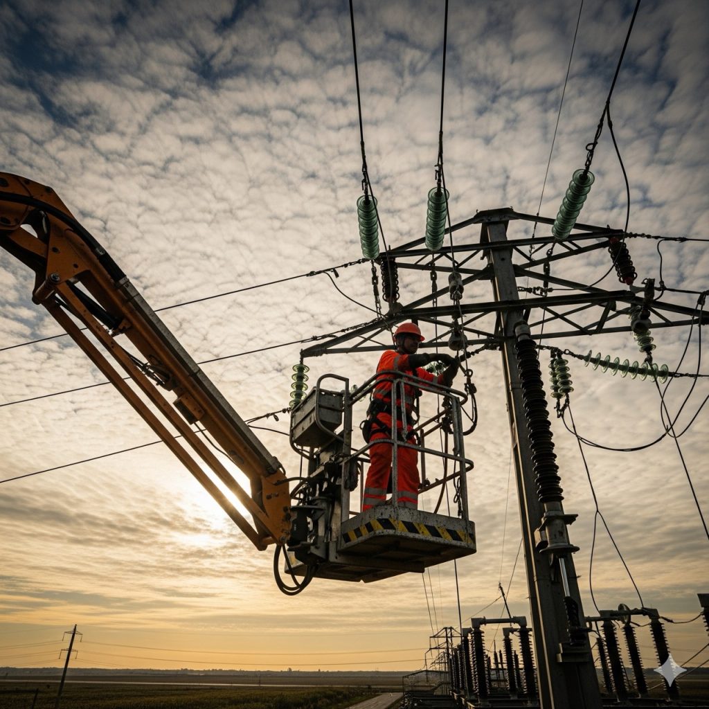Rischio Lavori in quota: Un operaio con la tuta da lavoro arancione su una piattaforma aerea (PLE) mentre esegue un intervento di manutenzione su una linea elettrica. La foto è scattata da un'angolazione insolita per enfatizzare l'altezza e il senso di rischio.