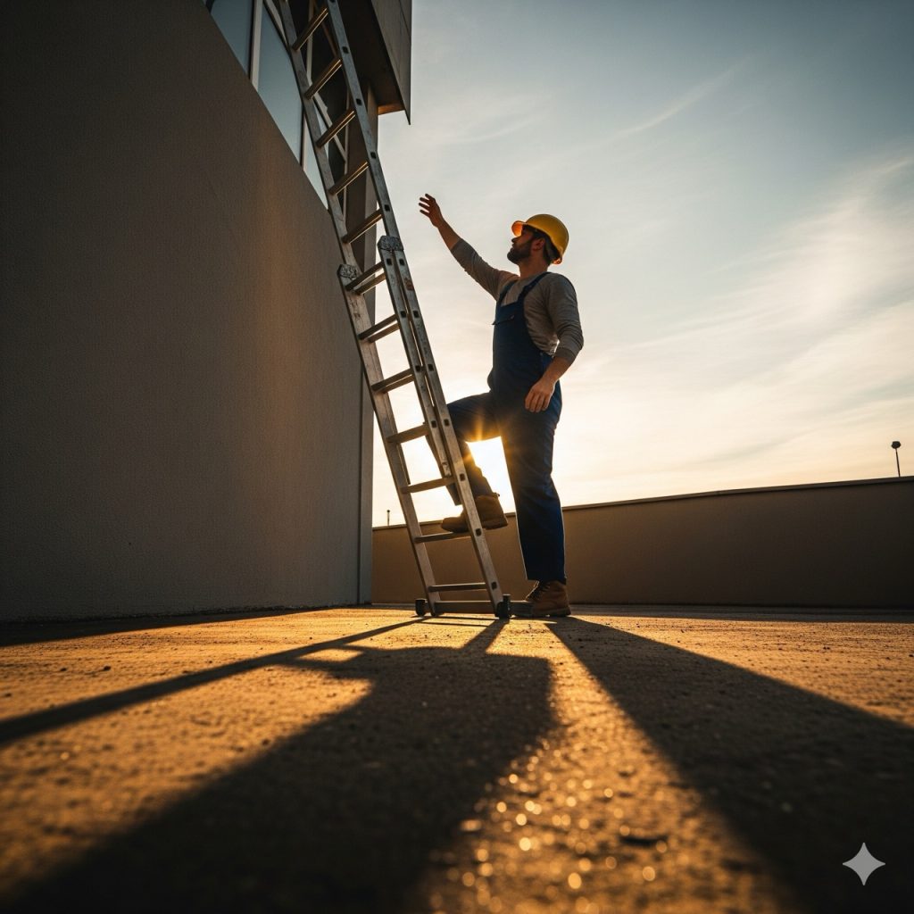 Rischio Lavori in quota: Un lavoratore su una scala portatile che si protende per raggiungere qualcosa, mostrando una situazione di potenziale rischio lavori in quota. La luce crea un'ombra lunga e drammatica.