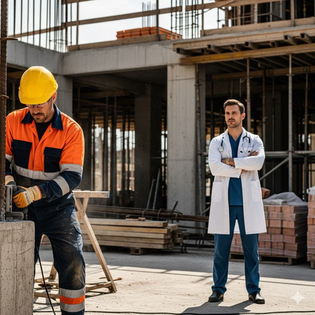 Datore di lavoro: Un operaio che lavora in un cantiere edile, con il casco di sicurezza e la tuta da lavoro, mentre un medico competente lo osserva da lontano, in piedi e con le braccia conserte. La foto deve mostrare l'ambiente di lavoro in contrasto con la figura professionale del medico.