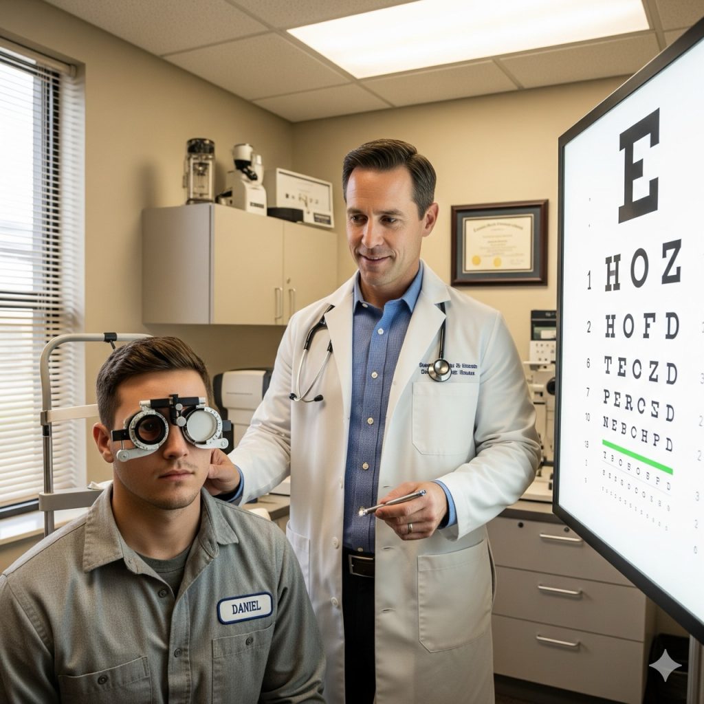Datore di lavoro: Un giovane operaio che lavora in una fabbrica, mentre fa un test della vista su un macchinario all'avanguardia. La scena deve essere realistica e mostrare un ambiente industriale ben illuminato.