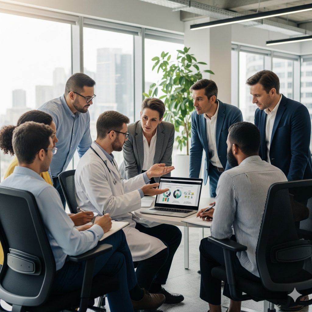 Datore di lavoro - sicurezza sul lavoro: Un gruppo di lavoratori e di dirigenti, insieme a un medico del lavoro, che discutono in un'area comune dell'ufficio. L'immagine deve catturare un momento di collaborazione aperta e onesta tra tutte le figure aziendali.