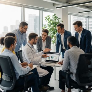 Datore di lavoro - sicurezza sul lavoro: Un gruppo di lavoratori e di dirigenti, insieme a un medico del lavoro, che discutono in un'area comune dell'ufficio. L'immagine deve catturare un momento di collaborazione aperta e onesta tra tutte le figure aziendali.