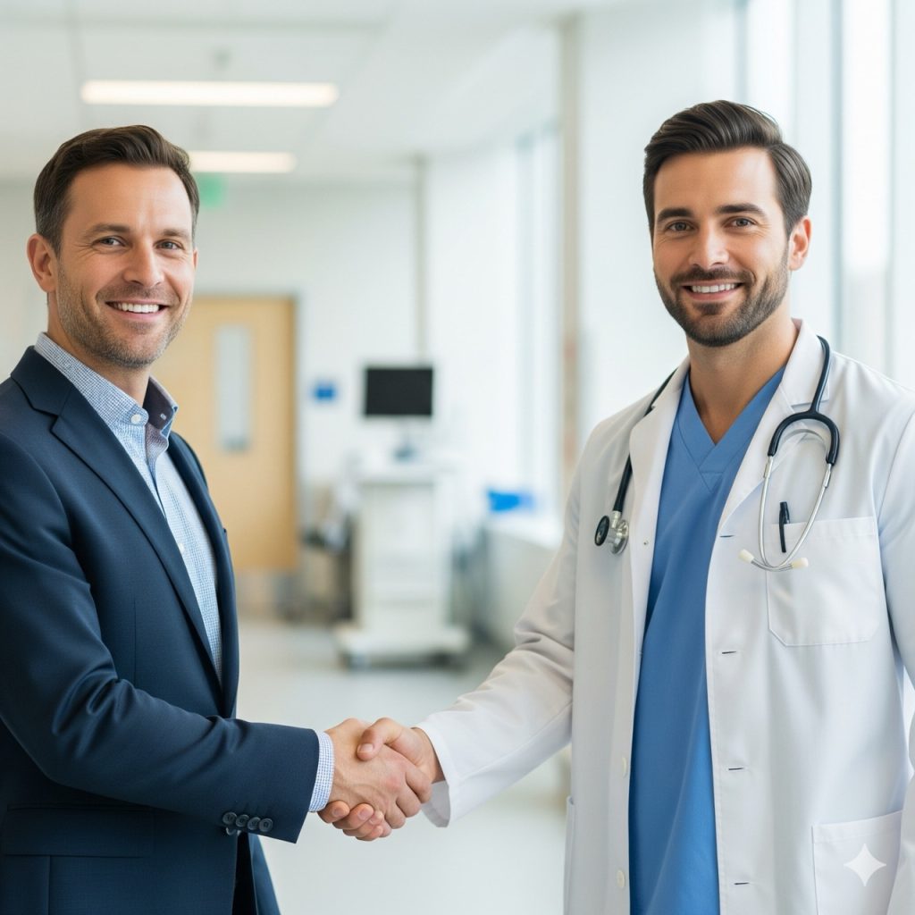 Datore di lavoro: Una foto di un dipendente che, dopo una visita medica, stringe la mano del medico competente. Entrambi sorridono e la luce deve essere luminosa e calda.