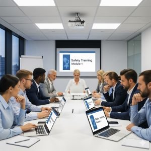 Sicurezza sul lavoro: Un gruppo di dipendenti in un ufficio, tutti con il proprio computer portatile, mentre seguono un corso di formazione sulla sicurezza. La scena è illuminata da luce artificiale e l'atmosfera è di serietà e attenzione.