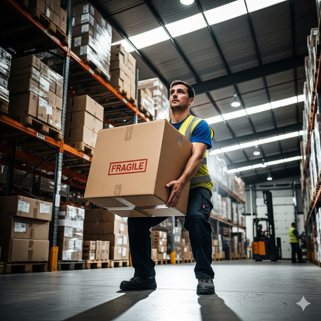 Sicurezza sul lavoro: Un operaio che solleva una cassa pesante usando la tecnica corretta, con la schiena dritta, in un magazzino. La luce è intensa e i colori sono saturi. L'immagine deve essere dinamica e realistica.
