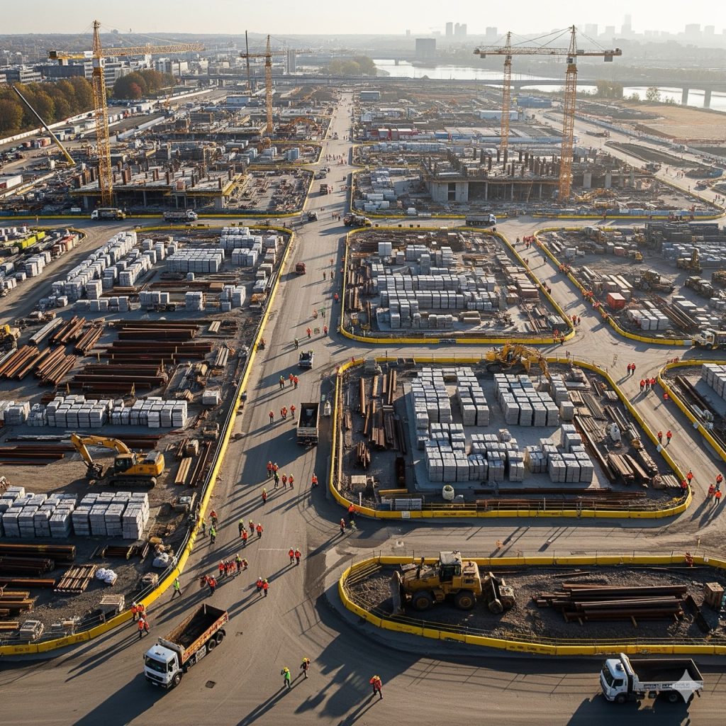 Sicurezza sul lavoro: Un'immagine aerea di una fabbrica o di un cantiere edile, con i lavoratori che si muovono seguendo le procedure di sicurezza. La fotografia è in alta definizione e trasmette ordine e organizzazione.