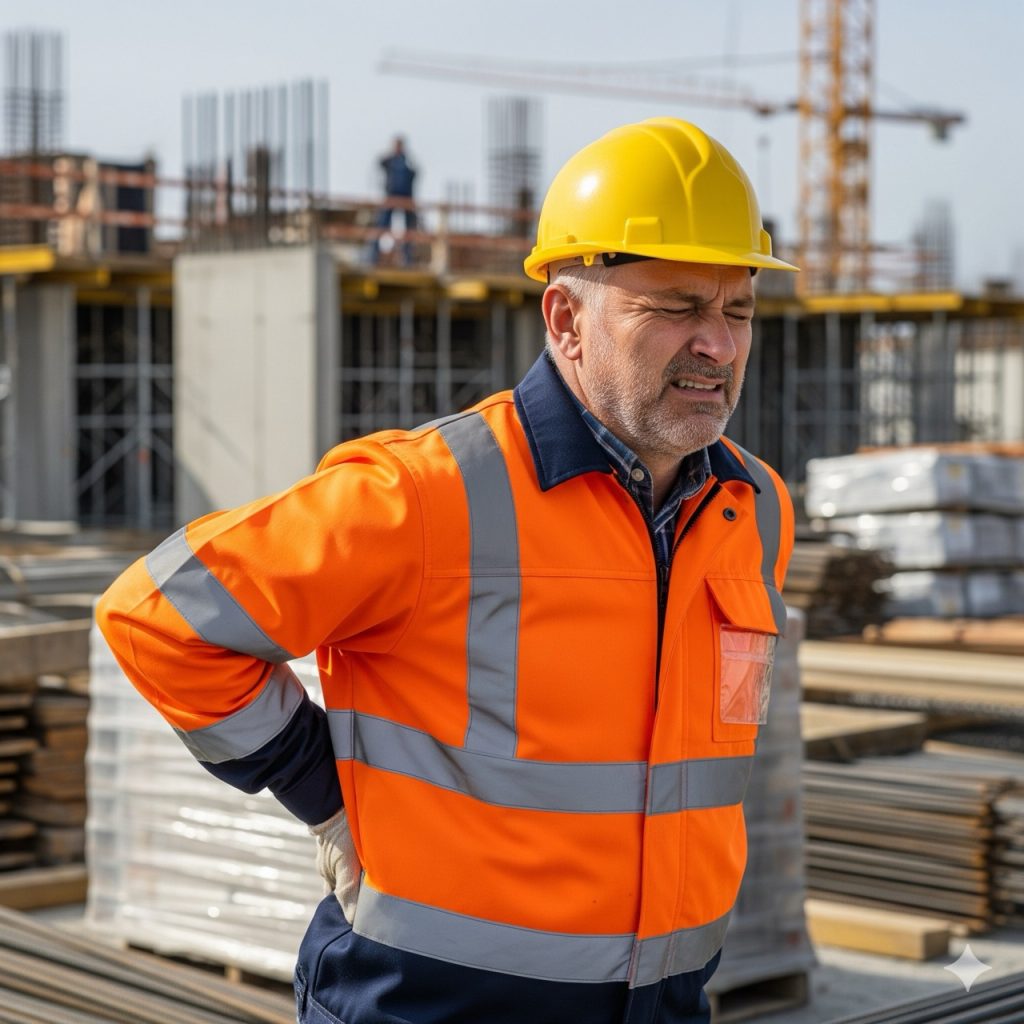 Visita medica su richiesta: Un lavoratore edile con casco e giubbotto alta visibilità che si stringe la schiena con un'espressione di dolore, in un cantiere.
