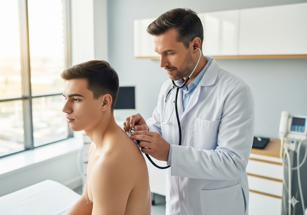 Visita medica su richiesta: Un medico competente in camice bianco con uno stetoscopio, che ascolta il respiro di un giovane impiegato seduto in un ambulatorio moderno e luminoso.