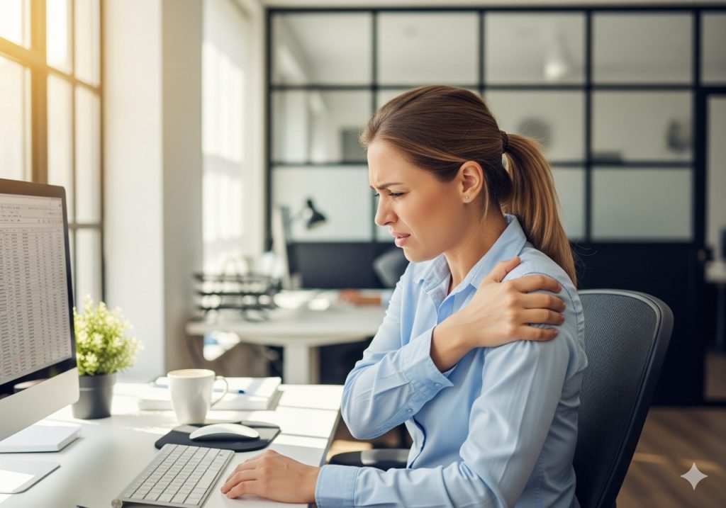 Visita medica su richiesta: Una donna che lavora al computer in un ufficio luminoso, con una spalla che le fa male. Un'infografica sovrapposta mostra i muscoli infiammati.