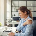 Visita medica su richiesta: Una donna che lavora al computer in un ufficio luminoso, con una spalla che le fa male. Un'infografica sovrapposta mostra i muscoli infiammati.
