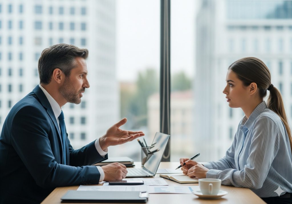 Visita medica su richiesta: Una scena in cui un datore di lavoro comunica qualcosa a un lavoratore, con un'espressione di imbarazzo o difficoltà, in un ambiente aziendale.