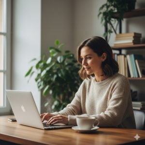 Legge 106 del 2025:Una donna lavoratrice, con un'espressione serena, che utilizza un laptop in modalità smart working da casa, con luce naturale che entra da una finestra.