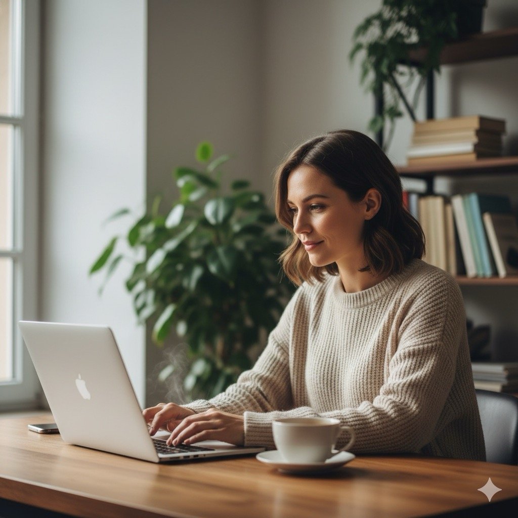 Legge 106 del 2025:Una donna lavoratrice, con un'espressione serena, che utilizza un laptop in modalità smart working da casa, con luce naturale che entra da una finestra.