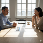 Privacy: Un colloquio tra un manager e un dipendente appena rientrato al lavoro dopo un’assenza, seduti in una stanza luminosa ma con un’atmosfera di tensione; sul tavolo c’è un questionario con domande sulla salute.