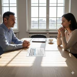 Privacy: Un colloquio tra un manager e un dipendente appena rientrato al lavoro dopo un’assenza, seduti in una stanza luminosa ma con un’atmosfera di tensione; sul tavolo c’è un questionario con domande sulla salute.