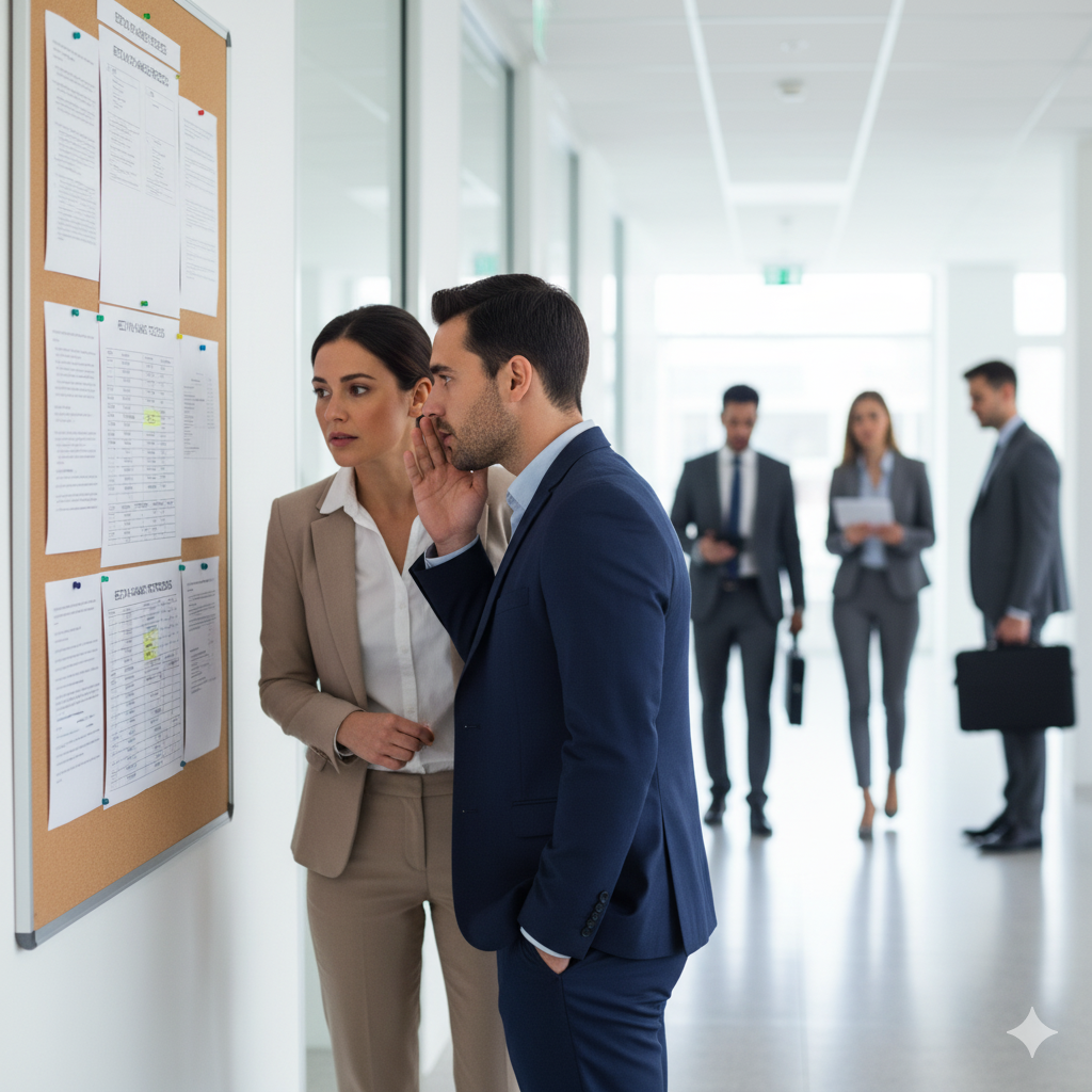 Privacy: Due colleghi in un corridoio aziendale che parlano sottovoce guardando una bacheca con elenchi di assenze; in sottofondo, altri lavoratori camminano indifferenti.