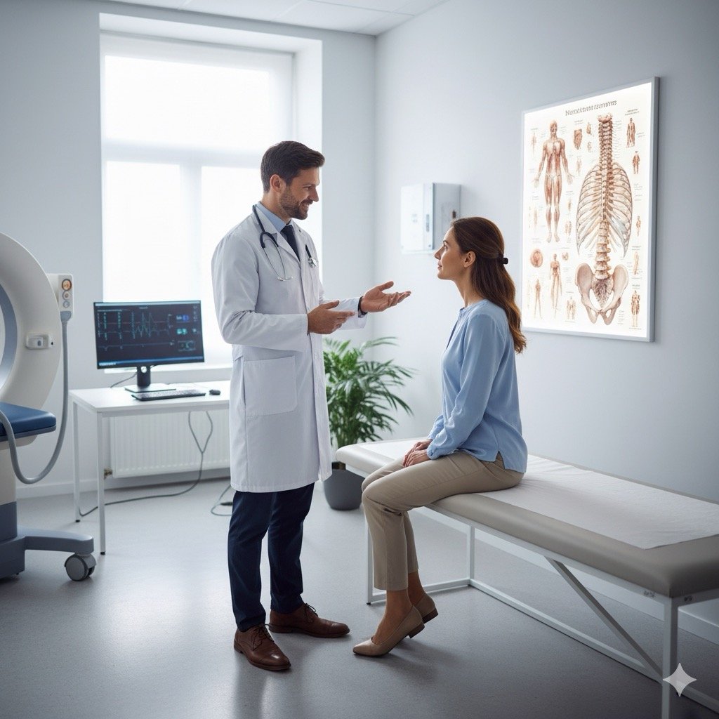 Referto: Un medico con camice bianco che spiega qualcosa a un paziente in un ambiente clinico pulito