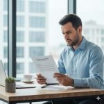 Referto: Un lavoratore attento mentre legge un documento importante in un ufficio moderno, con un'espressione concentrata.