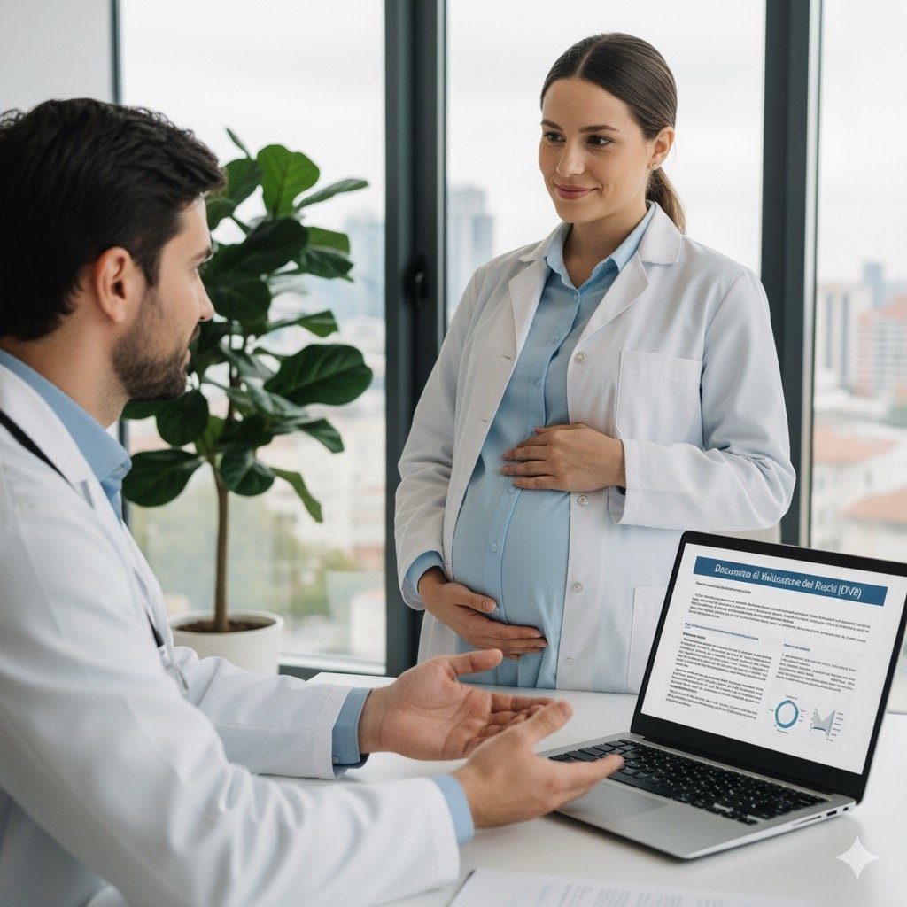 Lavoratrici in gravidanza: Una lavoratrice incinta, con giacca di sicurezza o camice da laboratorio, mentre scambia rassicurazioni con un Medico Competente in un ufficio moderno, con un laptop aperto sul Documento di Valutazione dei Rischi (DVR).