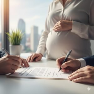 Lavoratrici in gravidanza: Primo piano di mani, una della lavoratrice incinta e una del datore di lavoro o RSPP, che firmano un documento di cambio mansione, con un tono di serena professionalità.