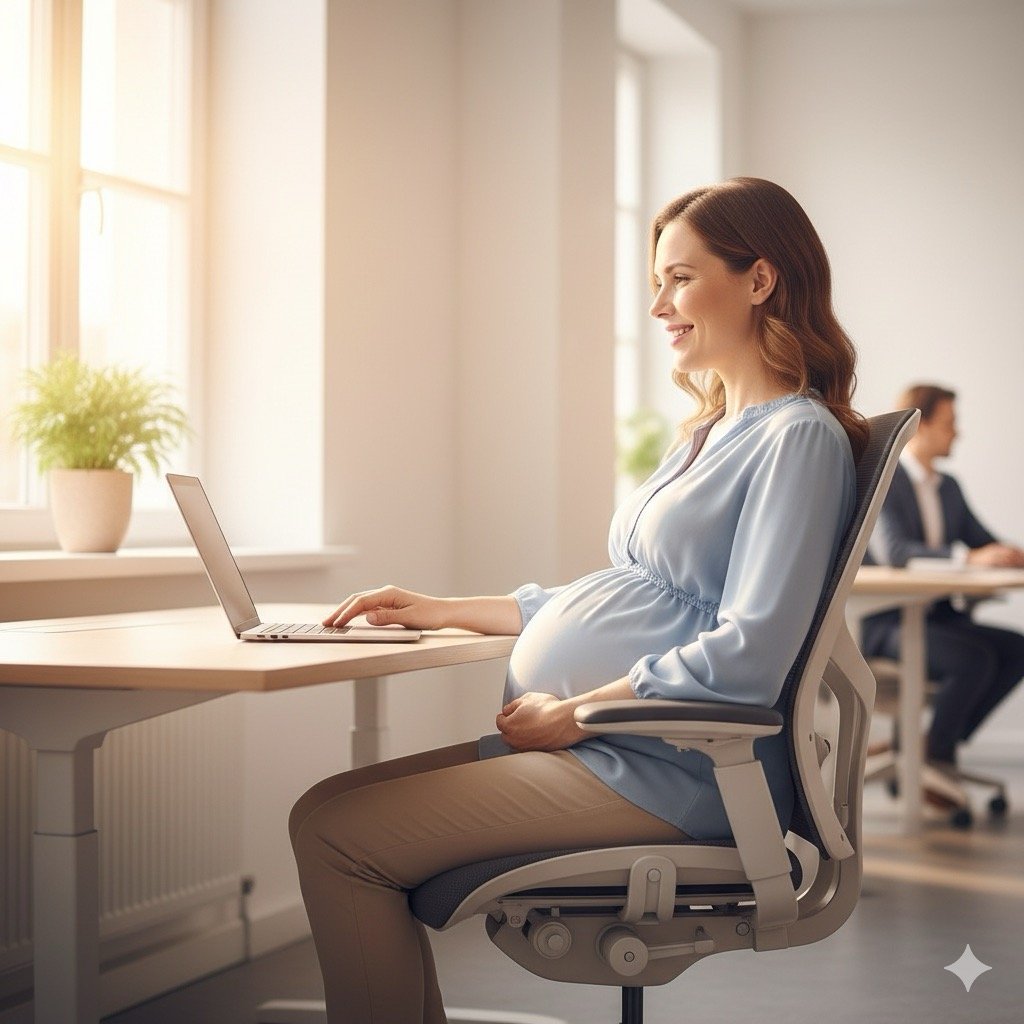 Lavoratrici in gravidanza: Immagine di una donna incinta, sorridente e rilassata, che svolge un lavoro d'ufficio leggero (ad esempio, al computer con una sedia ergonomica), illuminata da una luce naturale che simboleggia la compatibilità tra lavoro e gravidanza.