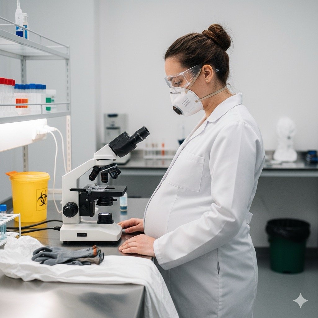 Lavoratrici in gravidanza: Rappresentazione astratta del concetto di rischio: un agente chimico (simbolizzato da fumo colorato) che viene deviato o bloccato da uno scudo trasparente davanti a una pancia di donna incinta.