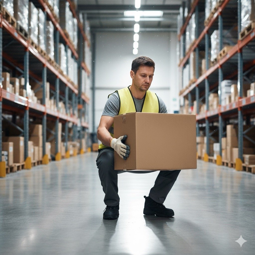 peso massimo sollevabile: Un lavoratore adulto (uomo, 30-40 anni) in un magazzino moderno, solleva frontalmente una cassa. L'immagine deve mostrare la postura corretta, e la cassa deve avere chiaramente il numero 25 kg stampato sopra. Luce pulita, stile fotografico industriale.