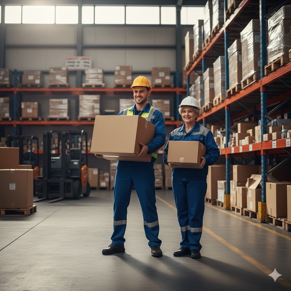 peso massimo sollevabile: Un uomo muscoloso di 25 anni e una donna di 55 anni (entrambi in abiti da lavoro) sono posizionati uno accanto all'altra. L'uomo solleva un peso simbolico di 25 kg, la donna un peso simbolico di 10 kg, a rappresentare la variazione del limite per età e sesso.