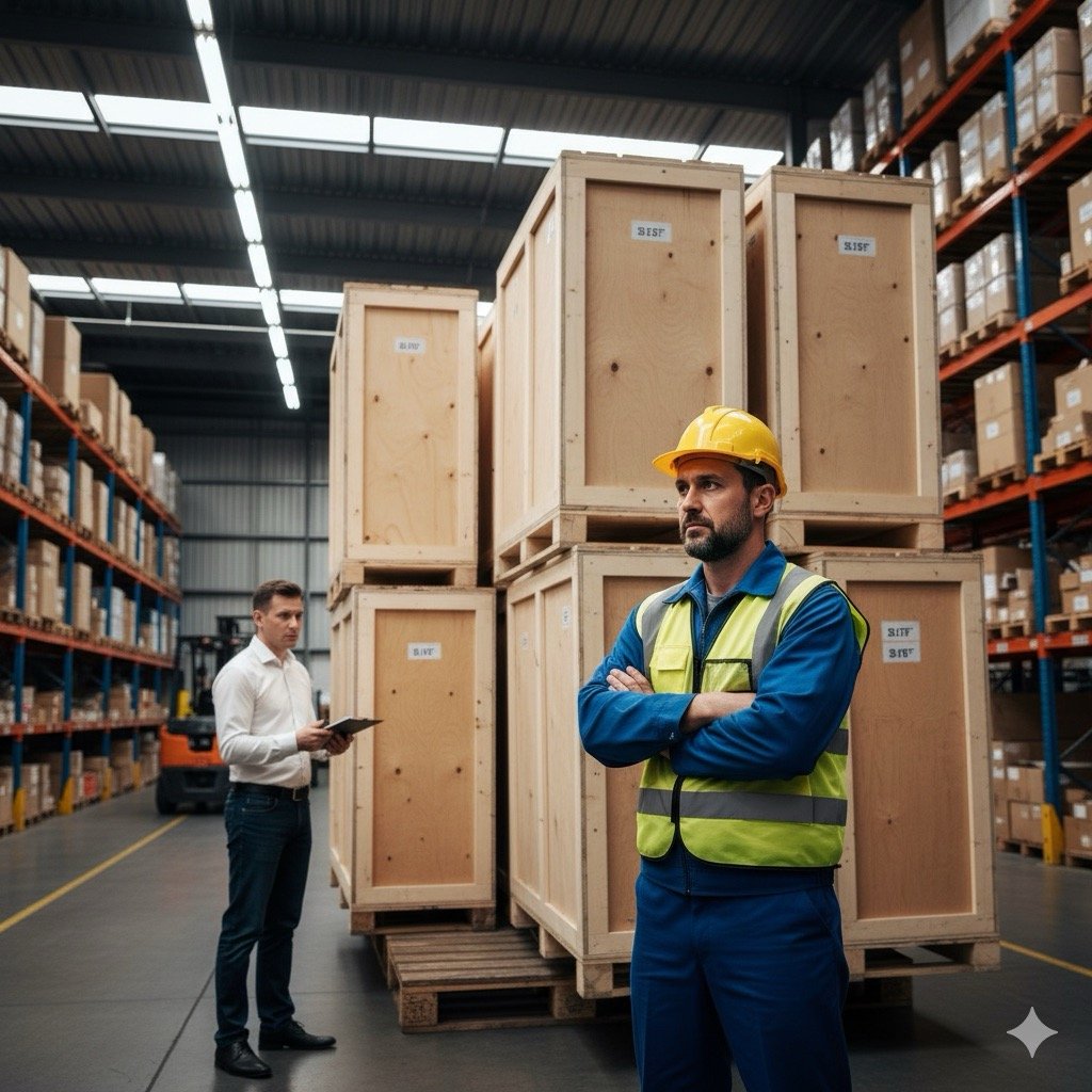 peso massimo sollevabile: Un lavoratore che si ferma davanti a un carico evidentemente troppo pesante e ingombrante, incrocia le braccia e guarda il suo superiore, simboleggiando il diritto di rifiuto di fronte a un rischio grave e immediato.