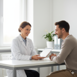 visita medica periodica: Un Medico Competente (uomo o donna di mezza età con camice) è seduto di fronte a un lavoratore, entrambi sorridenti e impegnati in un colloquio di anamnesi, con cartelle cliniche digitali su un tablet.
