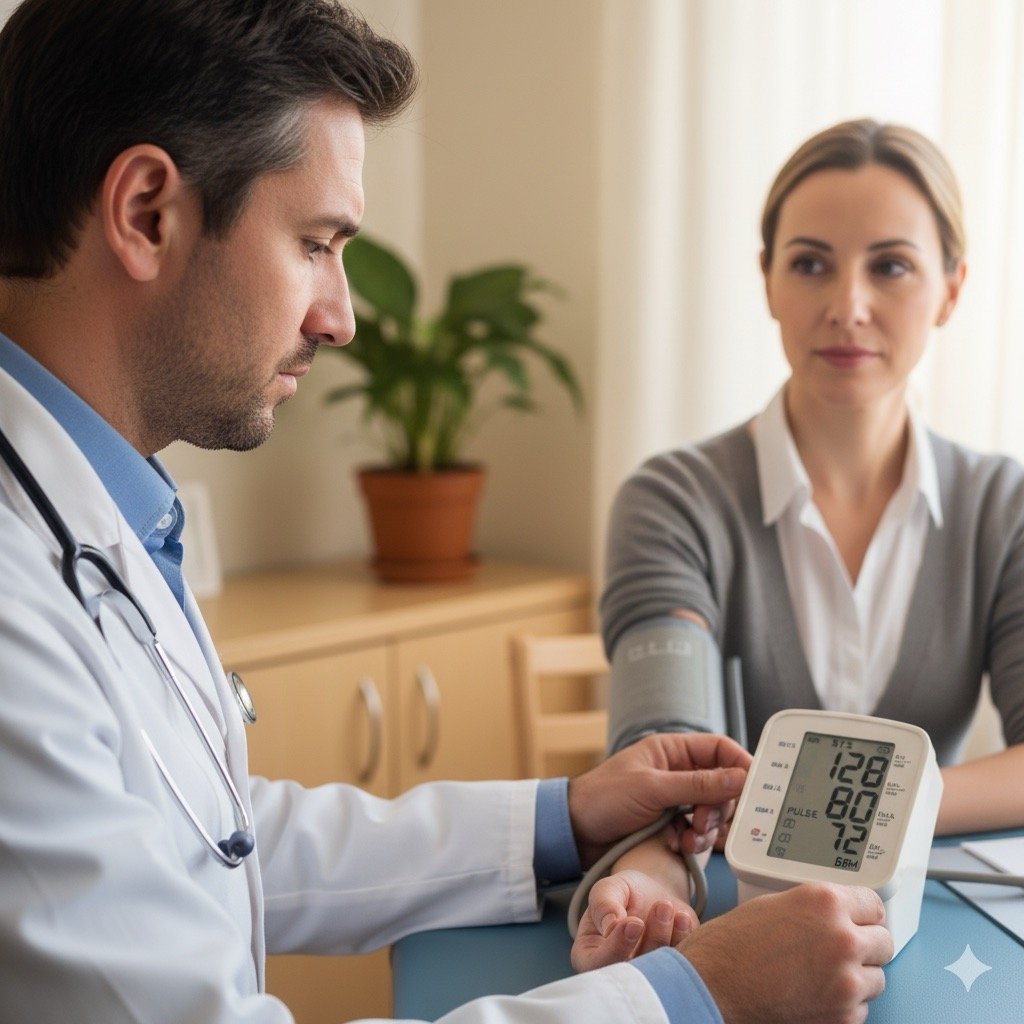 visita medica periodica:  Immagine ravvicinata e realistica di un braccio su cui il Medico del Lavoro sta misurando la pressione sanguigna. L'ambiente è clinico ma accogliente. Dettagli sul monitor digitale e sulle espressioni concentrate
