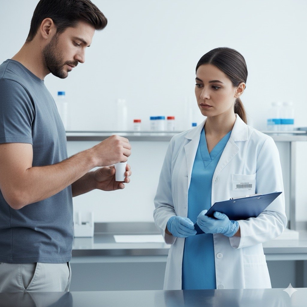 visita medica periodica: Un lavoratore sta fornendo un campione (es. saliva o urina) in presenza di un operatore sanitario (non il Medico Competente stesso) in un laboratorio pulito. Focus sul processo di campionamento e sulla serietà della procedura."