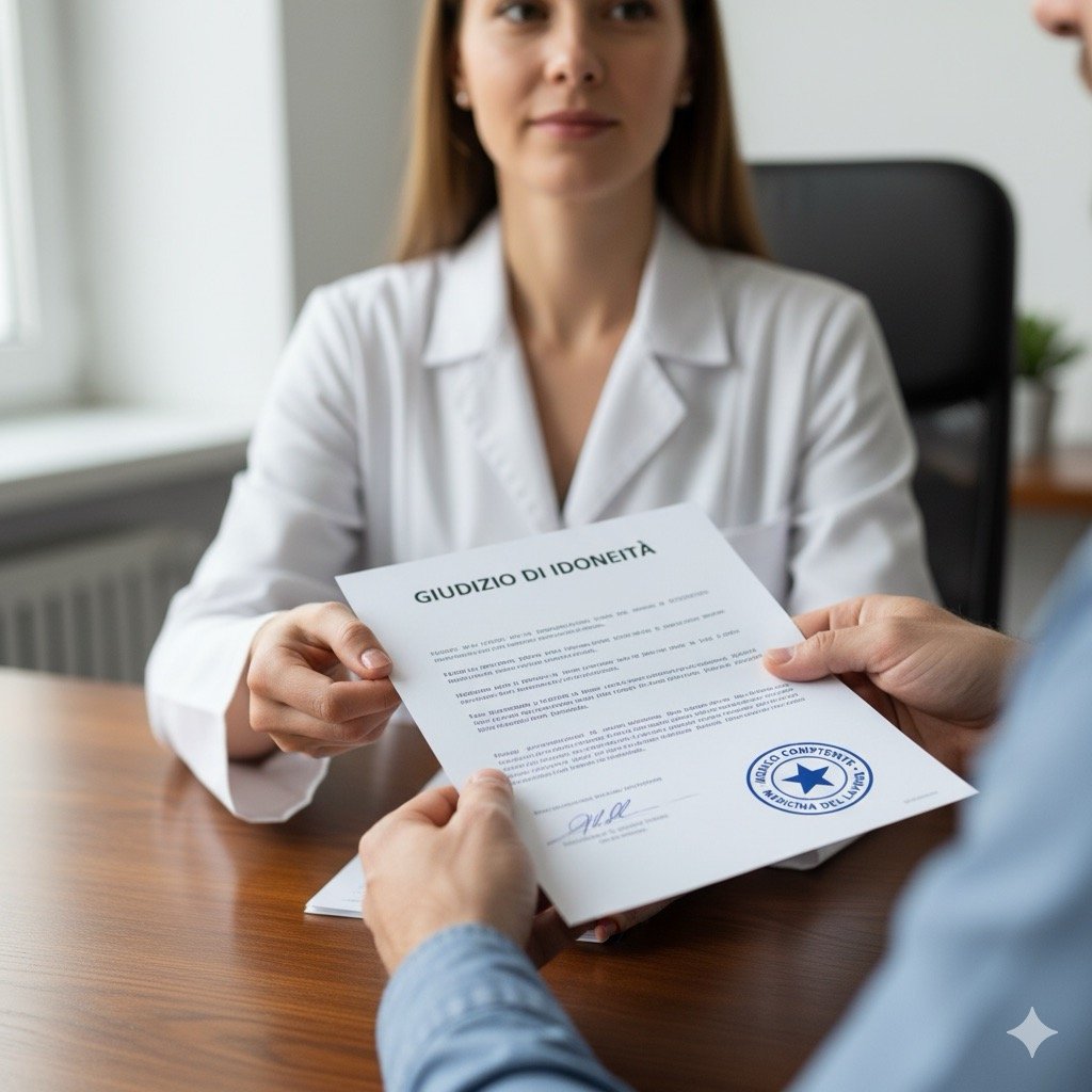 visita medica periodica: Primo piano sulle mani di un lavoratore e del Medico Competente che si scambiano il foglio del Giudizio di Idoneità. Si intravede la firma e il timbro. Atmosfera professionale e formale.