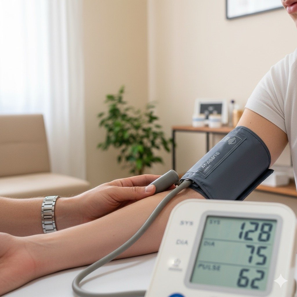 Lavoratore minorenne:Immagine ravvicinata e realistica del braccio di un adolescente su cui il Medico del Lavoro sta misurando la pressione sanguigna. L'ambiente è clinico ma accogliente. Dettagli sul monitor digitale.