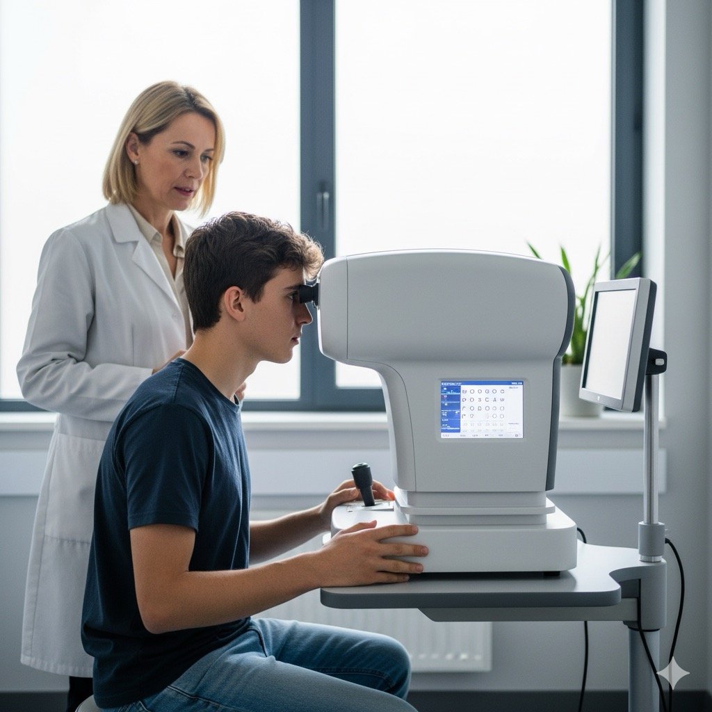 Lavoratore minorenne:Foto realistica di un lavoratore minorenne (tirocinante) che esegue un test della vista (visiotest) seduto di fronte a una macchina specifica, con il Medico Competente che osserva i risultati.