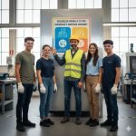 Lavoratore minorenne:Scatto vivido e ottimista di un gruppo di giovani tirocinanti che sorridono, indossando DPI basilari, mentre un formatore adulto indica un cartello sulla sicurezza. Simbolo di formazione professionale in deroga ai divieti.