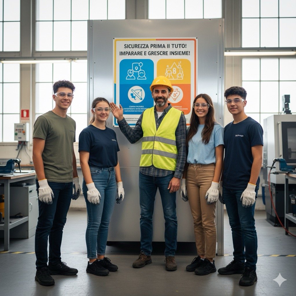 Lavoratore minorenne:Scatto vivido e ottimista di un gruppo di giovani tirocinanti che sorridono, indossando DPI basilari, mentre un formatore adulto indica un cartello sulla sicurezza. Simbolo di formazione professionale in deroga ai divieti.