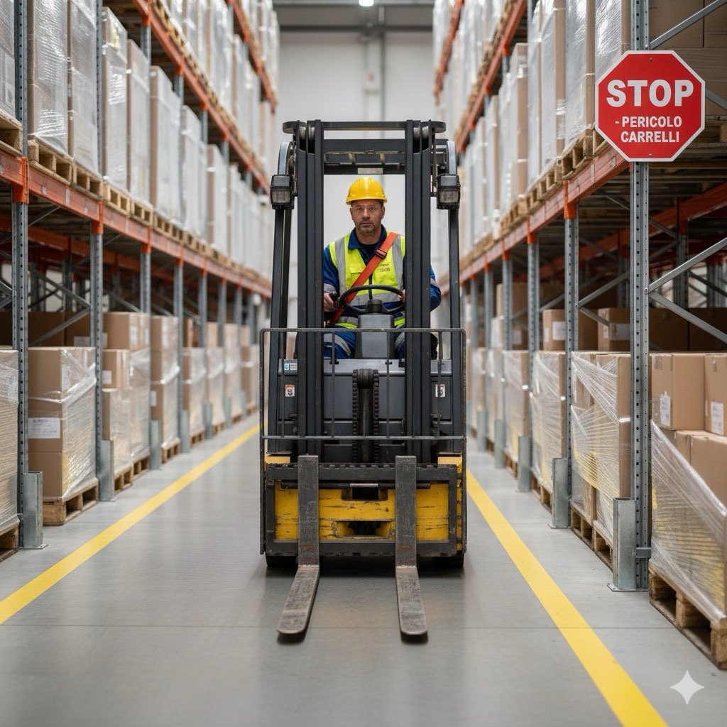 Rischio del magazziniere: Foto realistica di un magazziniere con cintura di sicurezza allacciata alla guida di un carrello elevatore, mentre attraversa un corridoio con segnaletica di sicurezza visibile.