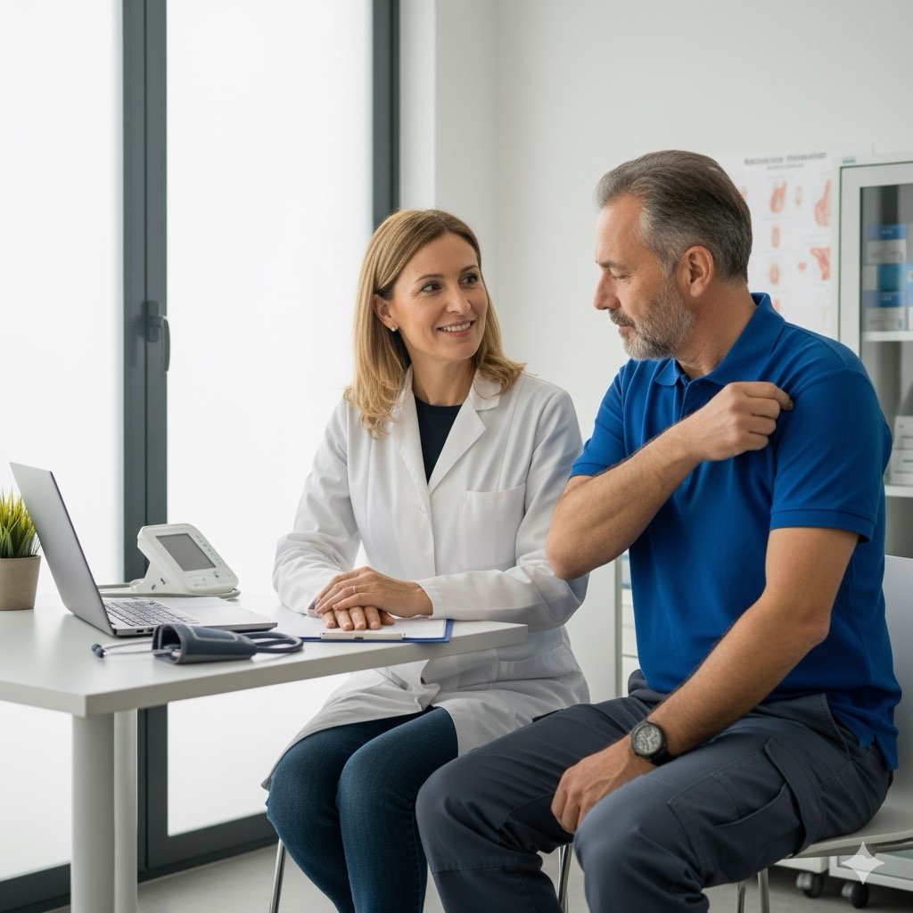 Rischio del magazziniere: Ritratto di un Medico Competente in camice, che parla con un magazziniere durante una visita di sorveglianza sanitaria, in un contesto di ambulatorio aziendale.