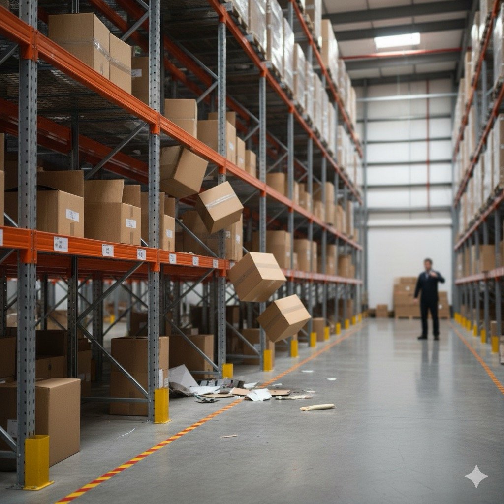 Rischio del magazziniere: Immagine di una sezione di scaffalature industriali con alcune scatole che cadono o sono in procinto di cadere, per simboleggiare il rischio di caduta materiali dall'alto