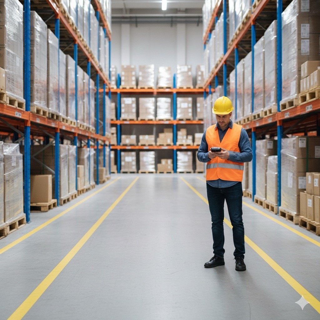 Rischio del magazziniere: Un magazziniere con un casco di protezione e giubbotto ad alta visibilità, mentre sta lavorando vicino a un percorso pedonale separato da un percorso per carrelli, in un magazzino moderno.